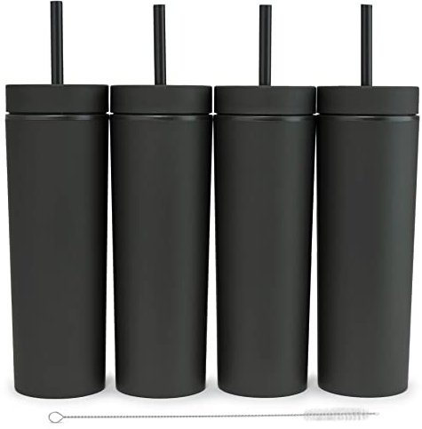 SKINNY TUMBLERS Matte Pastel Colored Acrylic Tumblers with Lids and Straws (4 pack) | 16oz Double Wall Plastic Tumblers With FREE Straw Cleaner! Reusable Cup With Straw | Vinyl DIY Gifts (Black)