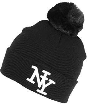 Hip Hop Honour Mütze mit Bommel NY schwarz und weiß aus Wolle, trendiger Katzen-Look – Unisex Gr. Einheitsgröße, Schwarz