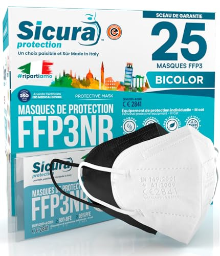 25 FFP3 Masken CE-zertifiziert Schwarz und Weiß Made in Italy BFE ≥99% PFE ≥99% Logoaufdruck SICURA Italienisch sanitisiert und einzeln versiegelt ffp3 Maske 12 Weiß + 13 Schwarz