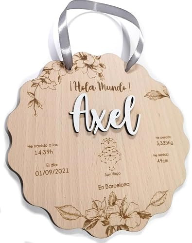 KARIVOO Placa madera natalicio personalizada con nombre, horóscopo, peso, medida, fecha y lugar de nacimiento bebé, regalo recién nacido niño y niña decorativo dormitorio birthday birth plate