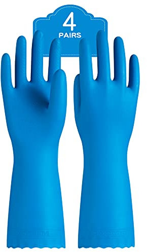 PACIFIC PPE 4 Pairs Reusable Dishwashing Cleaning Gloves, Household, Kitchen, Cotton Liner, Blue, Small