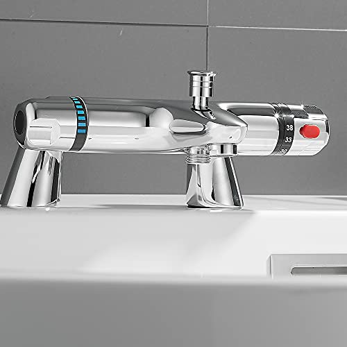 Thermostatic 38 °C Shower Mixer Bar Single Lever Exposed Bath Shower Mixer Valve Anti Scald Tap, Hot Cold Water Mixer Constant Temperature Control for Bathroom - Chrome