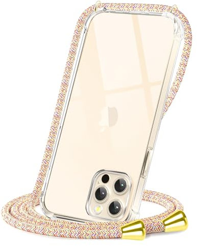 CAROKI Compatible with iPhone 13 Pro Max Crossbody Phone Case, Lanyard Protective Case with Adjustable Length Lanyard Rope Shockproof Hands-Free Clear Transparent TPU Silicone Cover-Rainbow