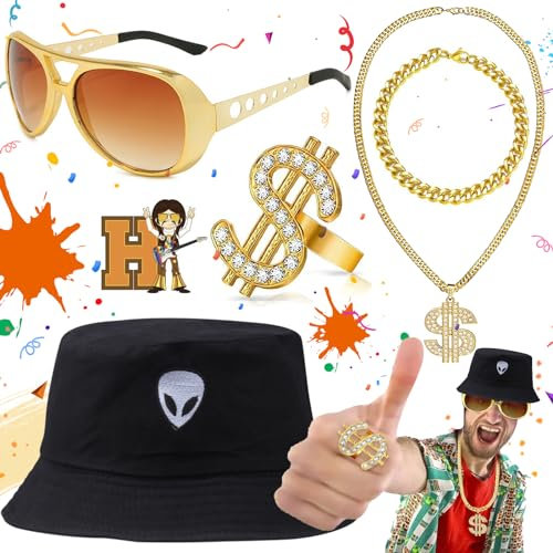 dcas 5 Stück 80er 90er Hip Hop Kostüm Set, Rapper Outfits, Cool Rapper Kostümzubehör, Schwarzer Eimer Hut, Golddollar Zeichen Kettenring Halskette, Sonnenbrille, Unisex, Für Geburtstage Karnevalsparty