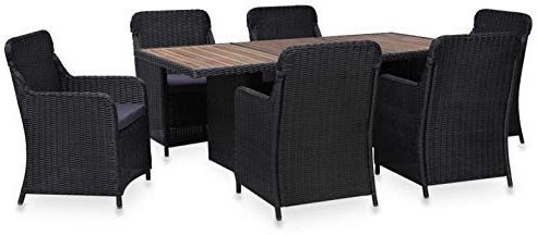 Gecheer 7-TLG. Garten Essgruppe, Terrassenmöbel Set 6 Personen, Sitzgruppe Esstisch mit Akazienholz-Tischplatte & 6 Rattan-Stühle mit Sitzkissen, Gartenmöbel Set Poly Rattan Schwarz