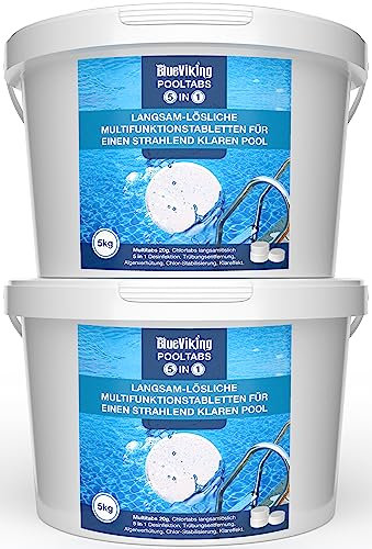 BlueViking Chlortabletten für Pool 5 in 1 - Hochwirksame Multitabs Pool 20g im 2x5kg Eimer - Chlor Pool Tabletten in EU Premium-Qualität - Einfache, Sichere und Effiziente Poolpflege Weiß