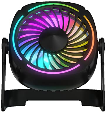 Petit ventilateur de bureau portable USB RVB avec 3 niveaux de flux d'air, 8 lumières LED colorées, rotation à 360 °, mini ventilateur personnel silencieux pour la maison, le bureau