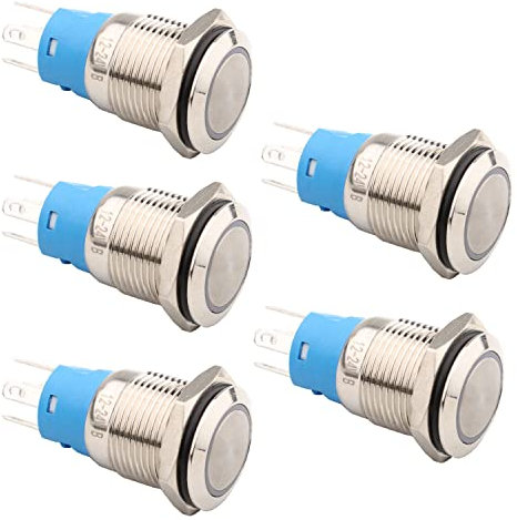RUNCCI-YUN 5 Piezas 16mm Momentáneo Pulsador de Metal DC 3A 12V-24V Acero Inoxidable Impermeable Interruptor de Botón Redondo para Coche Lámpara Timbre (Cabeza Plana) Anillo de Luz LED Azul