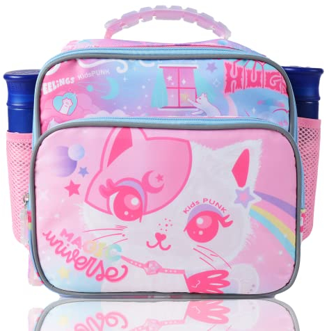 KidsPUNK Lunchbox für Kinder, Mädchen, isolierte Lunchbox, Bento-Lunchbox für Kinder, niedliche rosa Katze, Lunchbox für Mädchen, Lunchboxen, Kinder mit Wasserflaschenhalter