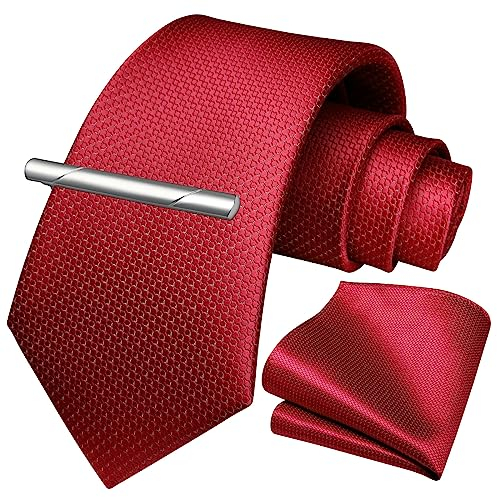 HISDERN Herren Krawatte Hochzeit Rote Krawatten Taschentuch krawattenklammer Set Elegant Klassisch Krawatte & Einstecktuch Set