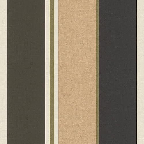 SOPHIE LAURENCE Black White Green Wallpaper Botanique Stripes Metallic Gold Textured Retro Vinyl - Stylish, Washable, Peelable - Paste The Paper Feature Wallpaper