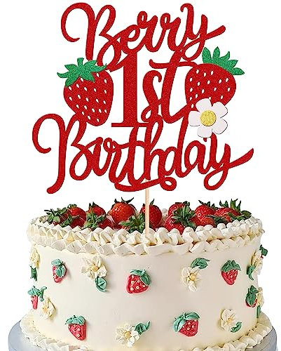 1 decoración para tarta de primer cumpleaños de bayas con purpurina de flores, tema de frutas dulces, primer cumpleaños, fresa, una púa de pastel para tema de fresa, baby shower, niños, fiesta de