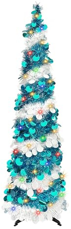 Pop Up Artificial Blue Christmas Tree, 5FT Collapsible with 90 LED Lights, Tinsel Small Pencil Tree for Home Holiday Fireplace Party Indoor Outdoor Xmas Decorations