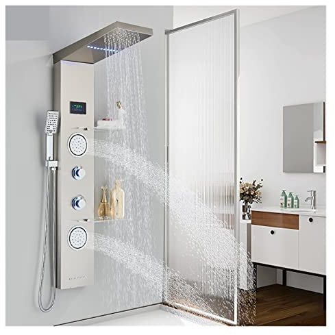Set Sistema Doccia Luce LED Spazzolata Rubinetto Doccia LCD Bagno Spa Massaggio Doccia A Getto Colonna Sistema Pannello Doccia A Pioggia con Mensola Rubinetto Doccia A Cascata