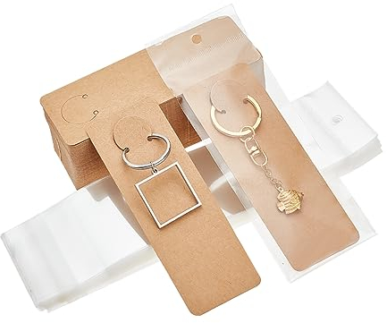 PH PandaHall 100 Ensembles de Longues Cartes d'affichage Porte-clés avec Sacs Auto-scellants, 12x5cm Porte-clés en Papier Porte-Cartes Porte-clés pour Emballage de Porte-clés, Burlywood