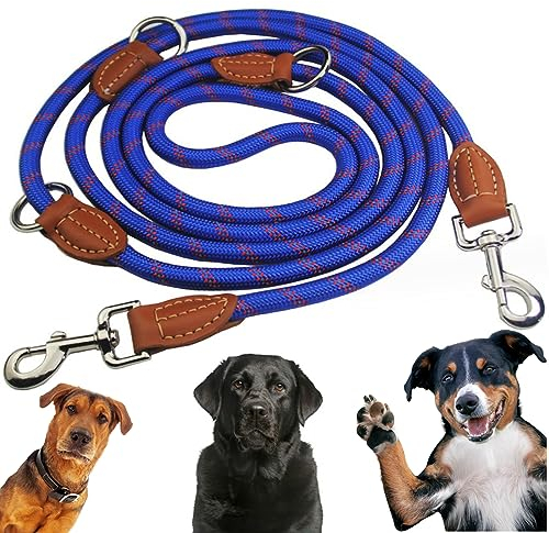 Bebochoi Hundeleine Große Hunde Doppelleine Reflektierend 3m Verstellbar, 1,3cm Dickes Geflochten Leine Hund mit Karabiner Bissfest, für Mittelgroße und Große Hunde Aller Größen, Blau