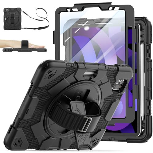 SEYMAC Hülle für iPad Air 5. / 4. Generation Hülle 10,9 Zoll, Ganzkörper-Fallschutz Hülle mit Displayschutzfolie, 360° drehbarer Ständer, Handschlaufe, Schultergurt für iPad Air 5/Air 4, Schwarz