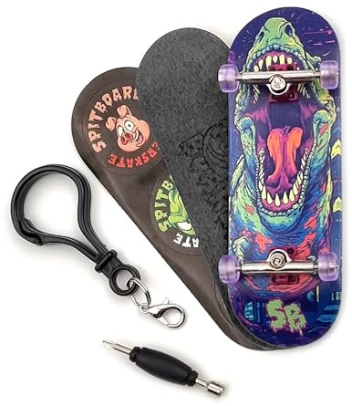 SPITBOARDS 32 * 96 mm Fingerboard Complete Wood Set-Up Assembled, 5 Capas, Silver Trucks with Bushings and Nuts, Transparente CNC Bearing Wheels, Lasered Foam Grip Tape Green T-Rex