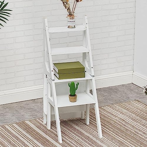 AAMNA Klappbarer Trittleiter-Stuhlhocker, Faltbarer Trittleiter-Treppenstuhl aus Holz, weiß, 4-Stufen-Hocker, Heimbibliothek, Kletter-Trittleiter für Küche und Büro