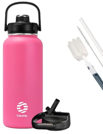 Fjbottle Gourde en acier inoxydable avec paille 950 ml/1200 ml, 2 couvercles sans BPA, Bouteille d'eau anti-fuite – Bouteille isotherme pour le sport, le vélo, l'école, le fitness