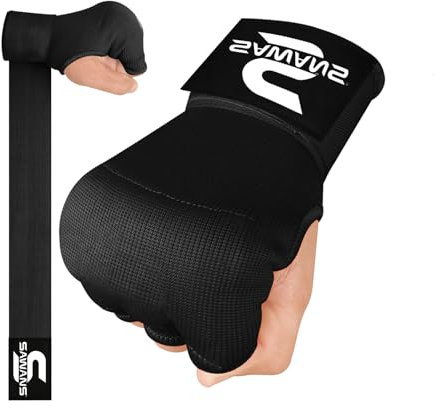 SAWANS Gants de Boxe pour la Protection des Mains, Longues Sangles de Poignet, élastiques, rembourrés, Gants de Combat pour Sac de Frappe, Gants de Boxe en Gel pour Muay Thai (Noire, Enfants/Juniaux)