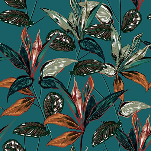 ReWallpaper Peel and Stick Wallpaper Green Leaf 44.5CM × 7M Botanical Self Adhesive Wallpaper Teal Jungle Wallpaper for Living Room Tropical Wallpaper Green PVC Bathroom Wallpaper Waterproof