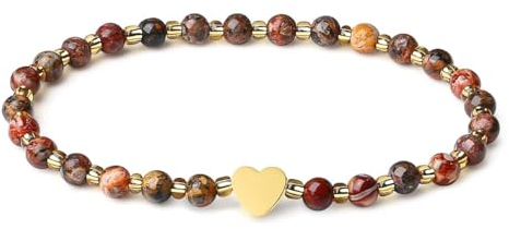 MetJakt Handgemachter Naturstein Perlenarmband 4MM Mini Stretch Armband Energiearmbänder 18k vergoldet Herz Armbänder für Damen Damenschmuck Echtes (Leopardenjaspis)
