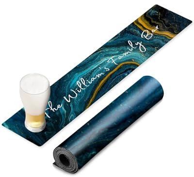 TheDogTagCo Tapis de bar personnalisé 830 x 200 mm avec nom personnalisé antidérapant et résistant aux éclaboussures pour décoration de pub au Royaume-Uni (résine bleue)