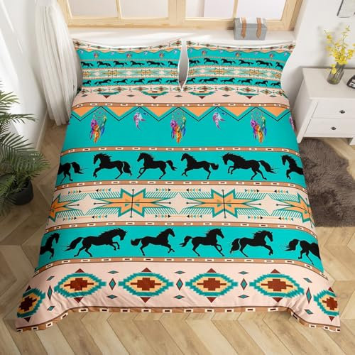 Verwöhnen Sie Sich Mit Luxuriösem Komfort Mit Western Horse Bettbezug: Wachen Sie Auf,Um Die Heitere Schönheit Von Teal und Braun Geometrische Azteken Bettwäsche Set Mit Traumfängern,135x200 Größe