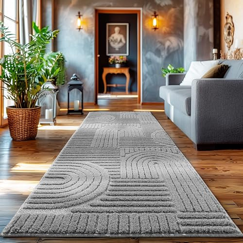 HomebyHome Kurzflor Teppich Läufer 80 x 250 cm Silber Hoch-Tief 3D Effekt Teppich Waschbar, Flauschig und Extra Weich - Skandinavisch Boho Muster Teppich für Wohnzimmer, Schlafzimmer und Küche