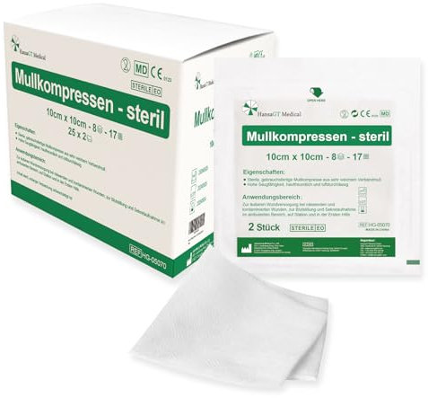 HansaGT Medical Impacchi sterili da 10 x 10 cm, 50 compresse per ferite, 8 strati, materiale di garza, per ferite, assorbimento del sangue e secrezione