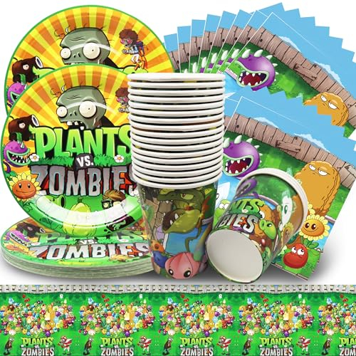 Shamoparty: 61 unidades de decoración de mesa de cumpleaños para niños, vajilla de cumpleaños de zombies, vajilla de fiesta, platos, tazas, servilletas, manteles