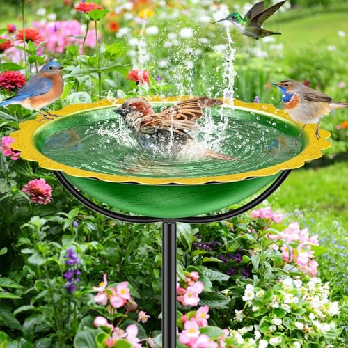 KHayRovies Vogeltränke stehend für Außen, Metall Vogelbad Vogelfutterspender Ständer mit 4 Zinken Basis Pfahl, Wasserschale Vogel Bad Vogelfutterstelle Futterstelle für Wildvögel Garten (Grün-Gelb)