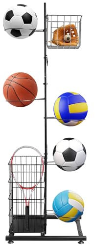 Aolawco 5 Tier Ballständer mit 2 Korb Platz Sparende Abnehmbare Stehend Ballhalter, Garage Ball Aufbewahrung Sports Storage für Volleyball Fußball Basketball Ballhalterung Wand Storage (Schwarz)