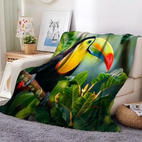 Decke Sofa Kuscheldecke Grün, Tierdruck Tukan warm Sherpa Sofaüberwurf Decke, Flanell Flauschig Kuscheldecke, 100x130 cm Überwurf Wohndecke für Couch