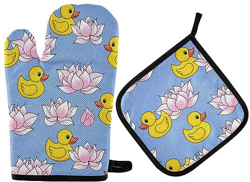 Vikeiac Süße gelbe Enten Lotus-Topfhandschuhe, Topflappen, Ofenhandschuhe, heiße Pads, Kochen, Küche, hitzebeständig, heiße Pads für Mikrowelle, BBQ, Backen, Grillen