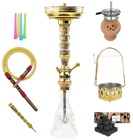 Set Chicha Traditionnelle Shams 60 cm | Chicha en Laiton Doré + 1 kg Charbon Cocobration 27 mm + Porte-Charbon Or + 50 Embouts Colorés + Foyer Terre Cuite | Set Complet Narguilé Oriental