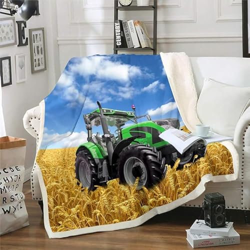ZZTBQ Traktor Drucken Kuscheldecke für Erwachsene Trecker Warm Sherpa Decke Dicke Sofa Flanell Fleecedecke 150x200cm Schlepper Überwurfdecke für Bett Flauschige Wohndecke