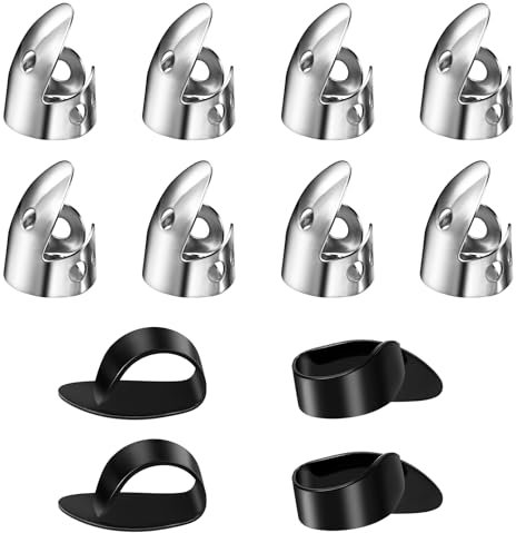 TIESOME 12 Stück Einstellbares Fingerpicks, Edelstahl Finger Plektrum Kunststoff Daumen Picks Set Gitarren Zubehör für Verschiedene Saiten Gitarre Banjo Harfe Bass
