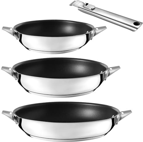 CUISINOX - Eclipse - Lot 3 poêles 20-24-28 cm avec revêtement céramique et poignée amovible tout inox - Fond encapsulé - Compatible tous feux - Acier Inoxydable 18/10 - Finition miroir
