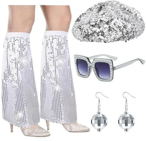 FOUNSHO 4 Pieces 70s Disco Fancy Dress Accessories For Women, Disco Costume Glitter Sequin Beret Hat Ball Earrings Square Bling Disco Glasses Leg Warmers, 80s Accessories for Women Costume (Silver)