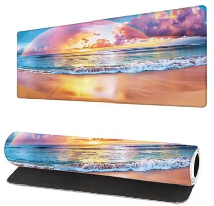 Grand Tapis de Souris XXL 900x400x3mm, Tapis de Souris Gamer Plage avec Surface en Antidérapant Résistant à l'eau Tapis de Bureau Mouse Pad Océan, sous Main Souris à Bords Cousus pour Bureau U-2