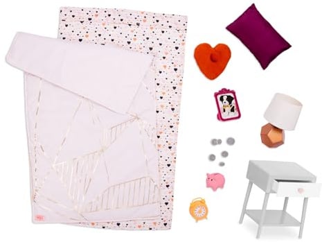 Our Generation Goodnight Glow Bettwäscheset mit Nachttisch und Zubehör | Bettwäscheset für 46 cm große Puppen mit Bettdecke, Laken, 2 Kissen, Nachttisch, Lampe und Zubehör, empfohlen, 3+ Jahre