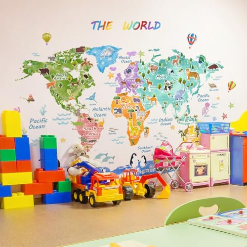 Fufuquare Adesivi da Parete Grandi della Distribuzione Animale del MONDO Adesivi Murali di Mappa Impermeabili per la Stanza per Bambini il Giardino d'infanzia e la Classe