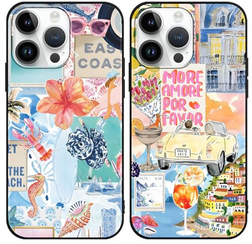 Phoona 2 Pack Cute Case for iPhone 14 Pro Max 6.7, European Collage Preppy Summer Girly Design Pattern for Girls Women, Slim Soft Silicone Shockproof Bumper Protector Cover, Blue 03
