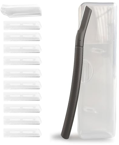 Augenbrauenrasierer Damen - 10 Wechselklingen, tragbares Etui, Schwarz | Gesichtsrasierer aus Anti-Rost Legierungen. Schmerzfreie & präzise Haarentfernung mit Mikroschutznetz, ideal für unterwegs