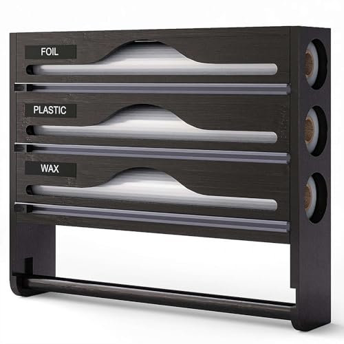 Dispenser e taglierina per pellicola trasparente, organizer 5 in 1, con supporto per carta, supporto per parete, in bambù e pellicola trasparente, per rotoli da 30,5 cm (nero)