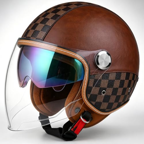WZGGTEAM Vintage Casco Demi-Jet con Doppia Visiera, Casco Moto Aperto, 3/4 retrò Moto Mezzo Cascos con Omologato ECE, Casco Scooter Universale Uomo e Donna, Casco per Adulti