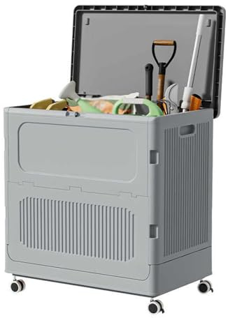 Outdoor storage boxes,Foldable Plastic Deck Box - Outdoor Storage Bin with Lockable Lid and Universal Wheels for Gardening Tools and Pool Equipment