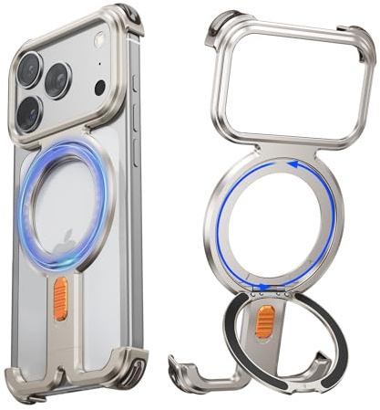 NIFBANG Aluminium Rahmenlose Hülle für iPhone 17 Pro Max mit Kickstand,360°Drehbar Magnetisch Ständer,Metall Dünn Handyhülle,Bumper Case Stoßfeste Schutzhülle für iPhone 17 Promax(Silber)